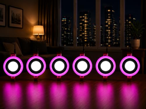 Image of OLIPS 6W (3+3) LED Ceiling Panel Down Light | Dual Color Change by On /Off Switch | Fan Box POP Decorative LED | White Center & Color Ring Design (Pink, 6)
