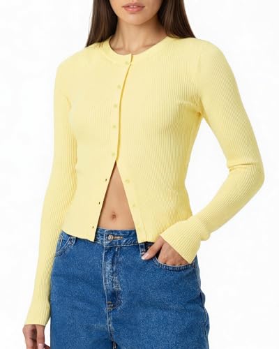 Baonmy Womens Open Front Button Up Ribbed Knit Crop Cardigan Y2K Tight Slim Fit Long Sleeve Shirt Fall Sweater Going Out Tops, Yellow, L