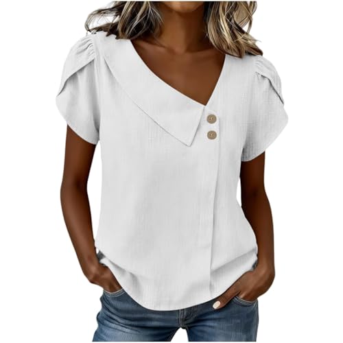 Asymmetric V Neck T Shirts for Women Summer Plus Size Tops Short Sleeve Button Tees 2026 Dressy Casual Blouses White