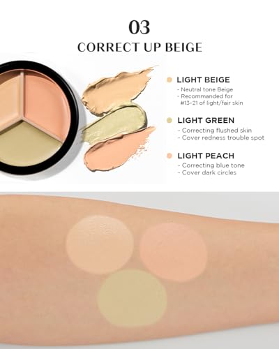 THESAEM Cover Perfection Triple Pot Concealer - 03 Correct Up Beige for Red Tone & Dark Circles - 3-Color Multi Concealer Palette for Light Skin Tones 13-21 - Korean Makeup with Sweet Almond Oil