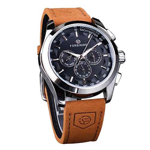 FORSINING Mechanische Armbanduhr Männer Automatische Selbstaufzug Militäruhr Echtes Lederband Wasserdicht Leuchtend Casual Business, Schwarz , Gurt