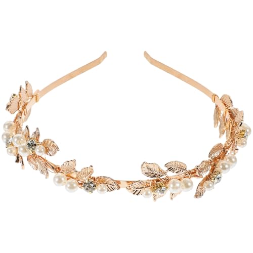 FRCOLOR Wedding Headband Rose Gold Bridal Headband Rhinestone Retro Crystal Headband Pearls Headband Metal Leaves Crown Head Band Tiara for Women Wedding Hair Accessories