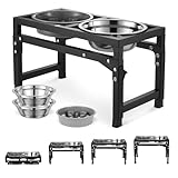 Veehoo Elevated Dog Bowls, Metal Raised Dog Bowl Stand with Slow Feeder & 2 Stainless Steel Food Water Bowl, Non-Slip Dog Dish Adjusts to 3.7', 9', 11' and 12' for Large Medium Small Dogs, Black