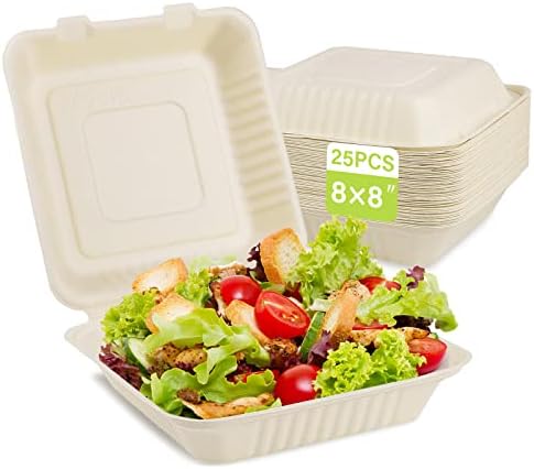 greensight Compostable Take Out Food Container 8X8, 25 Pack Disposable Clamshell Food Containers, Heavy Duty To Go Boxes, Eco-Friendly Biodegradable Made From Sugarcane Fibers