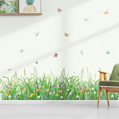 Image of decalmile Green Plant Grass Flowers Wall Corner Decals Butterflies Floral Baseboard Skirting Line Wall Stickers Baby Nursery Living Room Bedroom Wall Decor