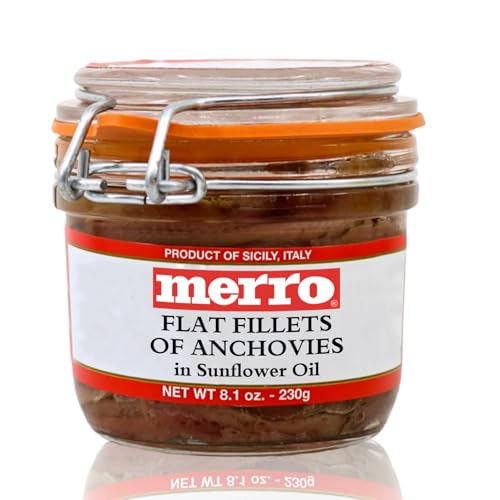 Merro Anchovy Fillets in Sunflower Oil 8.1 oz – Imported Italian Hand-Packed Anchovies, Clean Umami Flavor for Caesar Dressing, Pasta, Pizza, Tapenade & Mediterranean Recipes