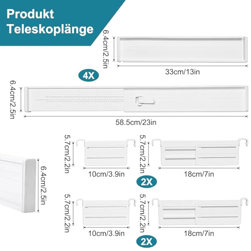 MOFELON Schubladentrenner Verstellbar, 4 Set Schubladen Trenner für Innenlänge 33-58.5cm & Höhe＞6.4cm, Schubladen Organizer Ordnungssystem für Küche, Kleiderschrank, Kommode, Schlafzimmer-Weiß