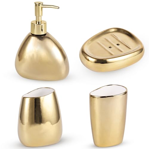 Elegant 4-Piece electroplated Ceramic Bathroom Set, Equipped with Lotion Dispenser, mouthwash Cup, soap Dish, Toothbrush Holder, Modern Bathroom Decoration Set (Gold)