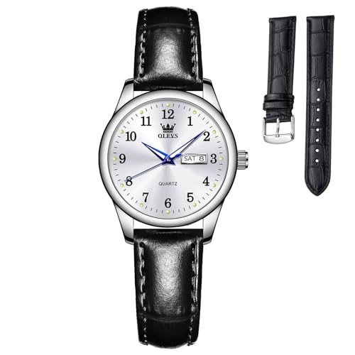 OLEVS 腕時計 レディース 人気 防水 アナログクオーツ うで時計レディース ビジネス オシャレウォッチ シルバー文字盤 黒革ベルト日付 軽量 見やすい女性用腕時 計銀 夜光 ファッション Women Watch