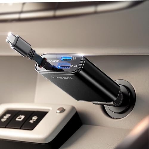 LISEN Retractable Car Charger USB C [Ultra Mini] 57W USB C Car Charger Fast Charge Cigarette Lighter USB Charger Car Accessories Gifts for Men Women, 12V Car USB Adapter for iPhone, Samsung,