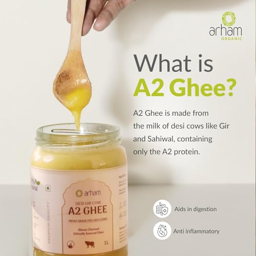 Image of Arham Organic A2 Gir Cow Ghee 1L | Vedic Bilona Method | Curd-Churned & Cultured | Danedar ghee | Grass-Fed Gir Cows | 100% Pure Desi Ghee | Lab Tested | Glass Bottle