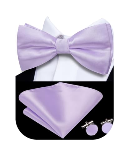 Image of Hi-Tie Pre-Tied Bowties for Men Silk Bow Ties and Pocket Square Cufflinks Set Mens Wedding Party Formal,Light Purple