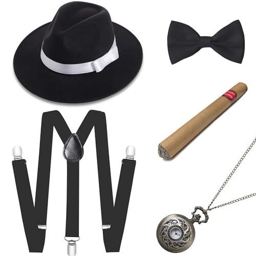 Image of BABEYOND 1920s Mens Gatsby Gangster Costume Accessories Set 30s Manhattan Fedora Hat Suspenders