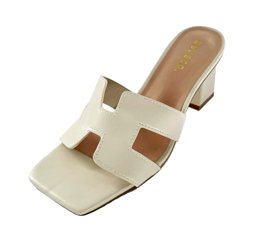 Bamboo Women's Open Square Toe Mules Cut-out Detail Block Heel
