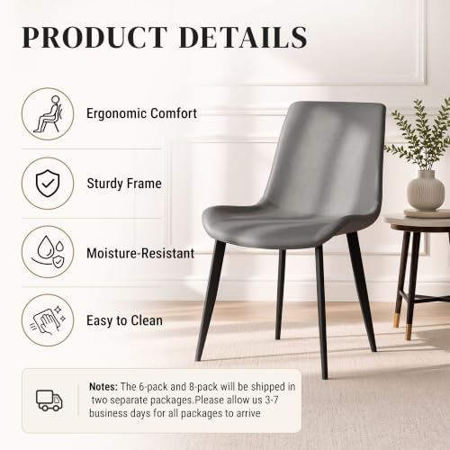 Image of Modern Dining Chairs Set of 6, PU Leather Dining Room Chairs, Upholstered Kitchen Chairs with Ergonomic Backrest & Sturdy Metal Legs, Perfect for Dining Room, Living Room, Grey