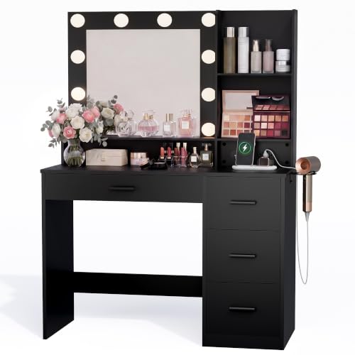 Image of YESHOMY Vanity Desk with Mirror, Power Outlet and 10 Lights, Makeup Table with 4 Drawers, 3 Color Modes Available for Bedroom, Plain Black, 39.3x17.7x58.8 inch