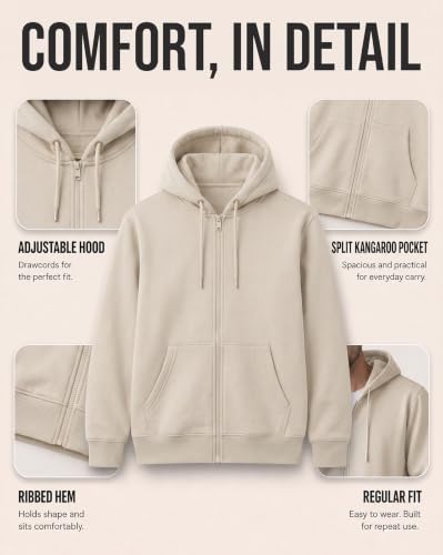 Image of Nobero Classic Zipper Hoodie for Men | Zip Up Hoodies for Men | Regular Fit | Full Zip Closure | Drawstring Hood | Zipped Hooded Sweatshirt | Cotton Rich Zipper Fleece Hoodie
