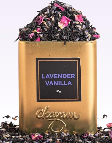 Image of CHAYAM Lavender Vanilla Tea for Sleep | Calming Lavender Flower Tea with Real Buds, Rose Petals & Vanilla | Stress Relief & Relaxation | 50g Loose Leaf Tin Caddy