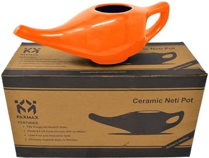 PAXMAX Porcelain Ceramic Neti Pot for Sinus, Jal Neti pots for Nasal Cleansing, Nose congestion and Passages Jala kriya (Orange)