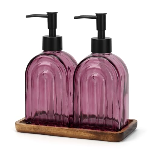 Glass Soap Dispenser Set with Wooden Tray, 13.5Oz Refillable Liquid Modern Soap Dispenser with Plastic Pump for Hand and Dish Set for Bathroom Countertop Decor (Purple)
