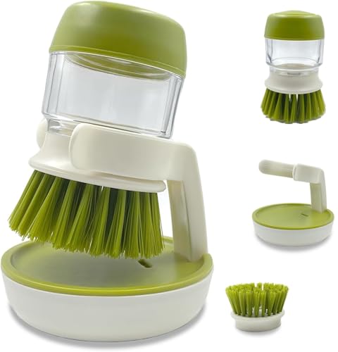 Soap Dispenser Palm Dish Brush with Storage Bracket – Drainage Base, Easy-to-Clean Kitchen Utensil Cleaner | Includes Extra Soft Bristle Brush (Green) by KASHLAND - Used condition - US$8.06