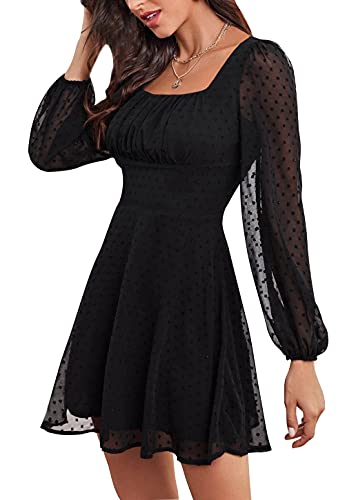 LYANER Women's Polka Dots Square Neck A line Long Sleeve Swiss Dots Mini Dress3