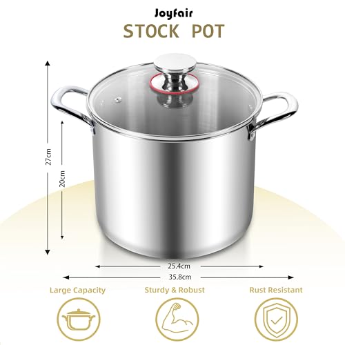 Joyfair Large Stock Pot, 10L Tri-Ply Stainless Steel Stockpot with Glass Lid, Induction/Gas/Ceramic/Electric/Halogen Safe Soup Pot for Simmering Stewing, Heavy-Duty & Riveted Handles & Easy Clean - Image 3