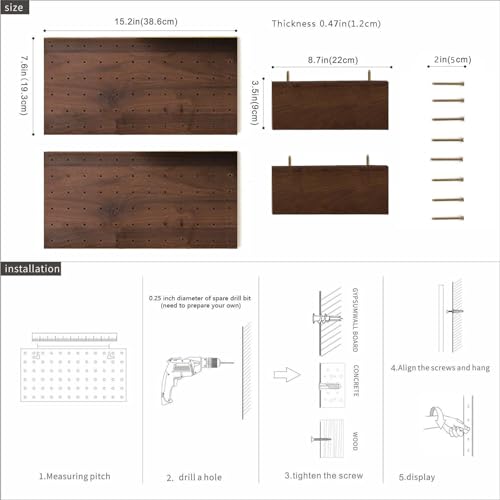 Image of Wooden Pegboard Modular Display Organization Storage Wall Hooks Shelf 15.2in x 7.6in 2-Pack (Color:Walnut)