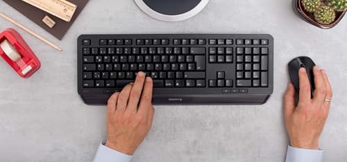 Image of Cherry GENTIX Desktop, Wireless Keyboard & Mouse Combo, 2.4 GHz Connection, Integrated Wrist Rest, Symmetrical Mouse, Battery-Powered, QWERTY, Black