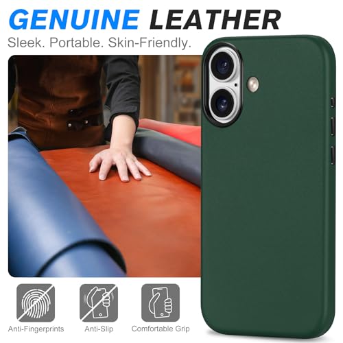 Image of SHIELDON Genuine Leather Case for iPhone 17 6.3 inch 2025, Midnight Green | for MagSafe, Magnetic Wireless Charging, Camera Button, Metal Buttons, Camera Bezel, Non-Slip, Shockproof, Anti-Scratch, Slim