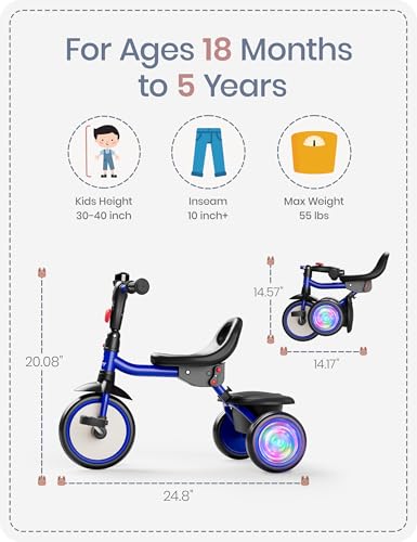 image for besrey Kids Tricycle with Flash Wheels for Ages 18 Months to 5 Years, 
