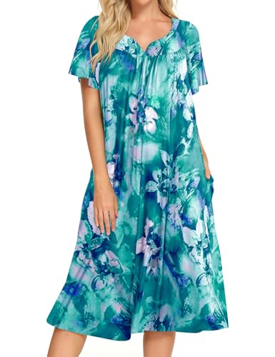 Image of Bloggerlove Mumu House Dress for Women with Pockets Short Sleeve Nightgowns | 15% Cotton, 80% Polyester, 5% Spandex, Floral Mumu House Dress, V-Neck, Short Sleeves, Midi Length, 2 Side Pockets, Lounging