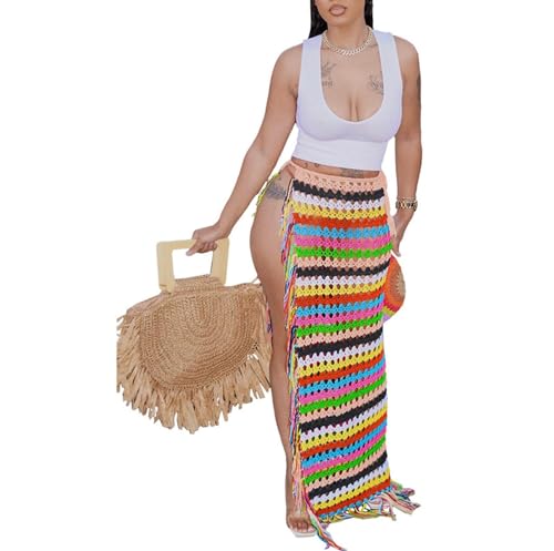 Women's Crochet Cover Up Skirts High Waist Split Knit Tie Up Hollow Out Beach Cover Up Swimwear