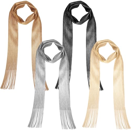 4 Pcs Glitter Sequin Tie Scarf Long Thin Skinny Scarf Women Lightweight Sparkling Metallic Shawls Necker for Evening Party Wedding Daily Wear, Sliver, Gold, Black and Beige