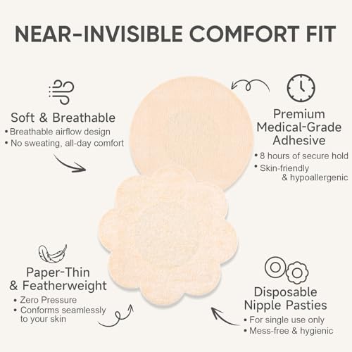 400P Disposable Nipple Covers, 200 Petal + 200 Round Breathable Non-Woven Pasties for Women, Hypoallergenic, No Show, Self-Adhesive Beige2