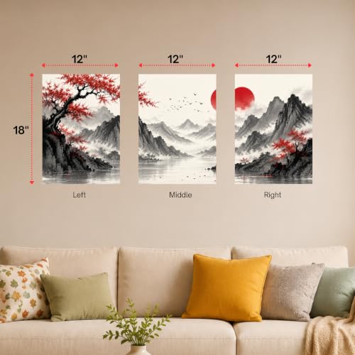 Image of Everoot's CRIMSON DAWN | 3 Piece Abstract Wall Art Poster Set | 12 x 18 Inch Each | 300 GSM Premium Wall Decor with Adhesive Stickers | Easy to Apply & Remove | Living Room, Bedroom & Office | Unframed