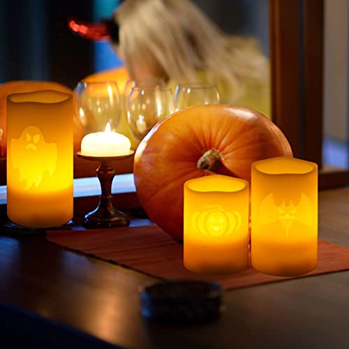 Image of CANDLE CHOICE Orange Halloween Flameless Candles with Remote Timer Real Wax Realistic Flickering Battery Operated Electric LED Pillars Pumpkin Bat Ghost Patterns for Halloween Party Decorations 3 Pack