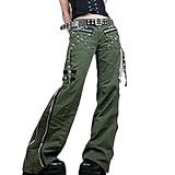 Ynocfri Women Harajuku Goth Pants Wide Leg Low Rise Baggy Pants Grunge Gothic Cargo Pants with Chain Streetwear(L-Army Green, S)