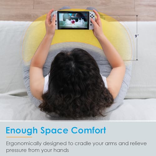 Image of QUEEN ROSE Reading Pillow for Gaming, Lap Desk Pillow for Sitting in Bed or Sofa, Compact Arm Support Pillow for Reading, Playing or Crocheting, Cooling Grey