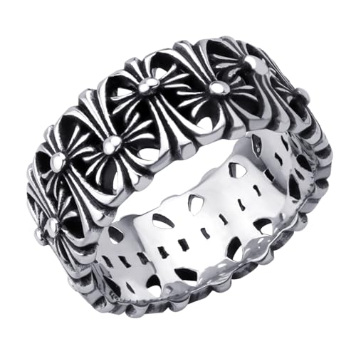 555Jewelry Stainless Steel Rings Men 10MM Cross Rings for Men Chrome Hearts Ring Wedding Band Vintage Retro Gothic Biker Christian Rings for Men US Size 7-13