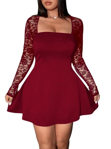Image of Floerns Women's Plus Size Contrast Lace Sheer Long Sleeve A Line Dress Square Neck Mini Dresses