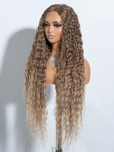 Joedir 32" Long Deep Curly Wavy Lace Front Synthetic Wigs HD Transparent Glueless Lace Wig Heat Resistant Fiber Pre Plucked Hairline with Baby Hair Wig for Women(Ombre Dirty Blond Color) - Image 3