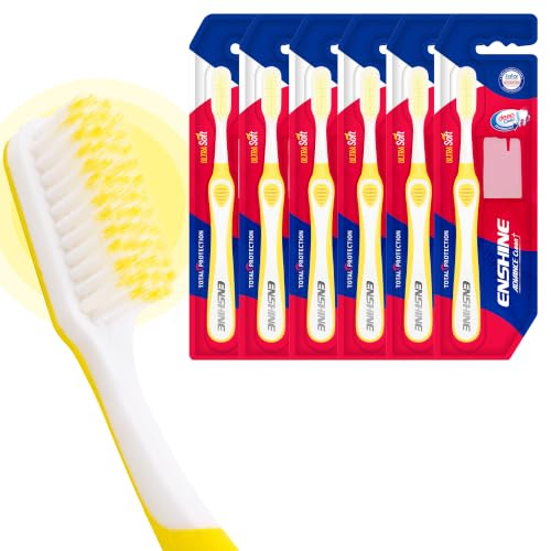 Image of Enshine Advance Clean+ Soft Toothbrush for Adults - Pack of 6 | Ultra Soft Tapered PBT Bristles | Tooth Brush Set with Non-Slip Grip | Manual Toothbrushes for Sensitive Gums & Enamel | Color Yellow