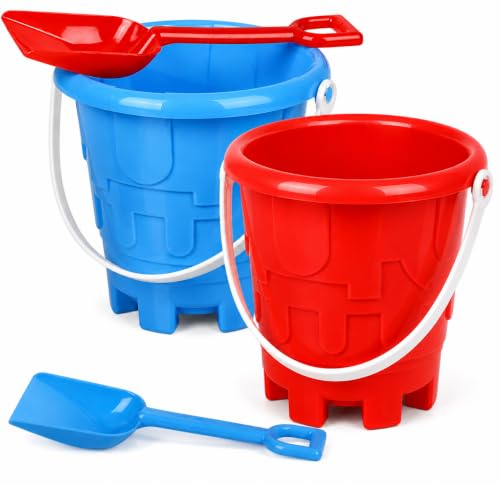 ArtCreativity 6" Beach Bucket and Shovel for Kids (Set of 2) Includes 2 Sand Shovels and 2 Buckets with a Sand Castle Design Inside, Sandcastle Building Toys, Fun Summer Sand Toys for Boys and Girls