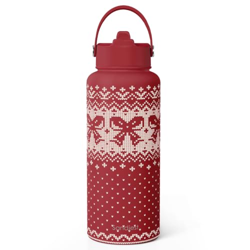 Bow Stainless Steel Water Bottle 32 Ounces with Lid & Straw, Sport Insulated Bottles for Girls Women (Xmas Theme)