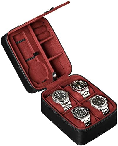 ROTHWELL 5 Watch Travel Case Storage Organizer for 5 Watches | Tough Portable Protection w/Zipper Fits All Wristwatches & Smart Watches Up to 50mm (Black/Red)