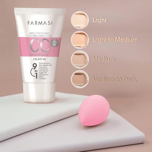 FARMASi CC Color Correcting Cream, Tinted Moisturizer Makeup Base with SPF 25, Lightweight Buildable Coverage, Natural Flawless Finish, All Skin Types, 1.7 fl oz, Medium
