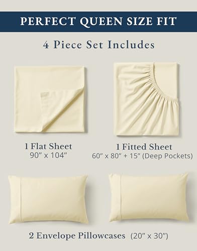 Image of LANE LINEN 100% Organic Cotton Queen Sheets, 4Pc Cotton Sheets Set, Classic Percale Weave Bedsheets Queen Size Bed, Soft Breathable Sheet & Pillowcase Sets, Deep Pocket 15 inch - Natural