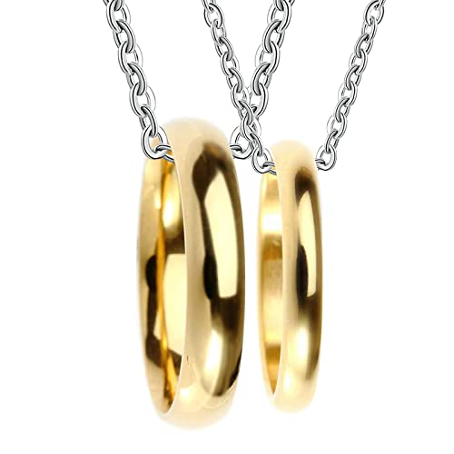 Ayoiow Colier Par A 2, Collar de acero inoxidable para parejas, anillo pulido dorado colgante collar para hombre