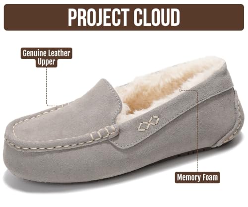 Image of Project Cloud 100% Genuine Leather Slippers for Women - Fur Lined Outdoor Slippers for Women Footwear with Memory Foam - Stylish Womens Moccasin (Cathi)